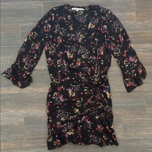Veronica Beard Black Floral Bell Sleeve Sean Floral Ruched Silk Dress Sz 2